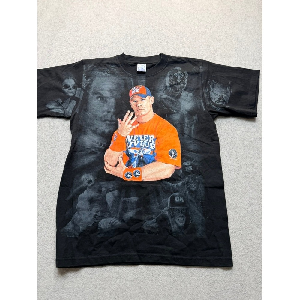 WWE John Cena Never Give Up All Over Print Graphic T-Shirt Black Mens Medium